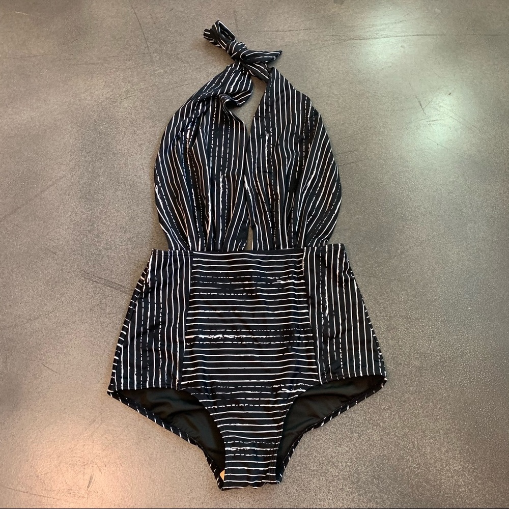 Sold -Black Large Pin Stripe Black & White One Piece